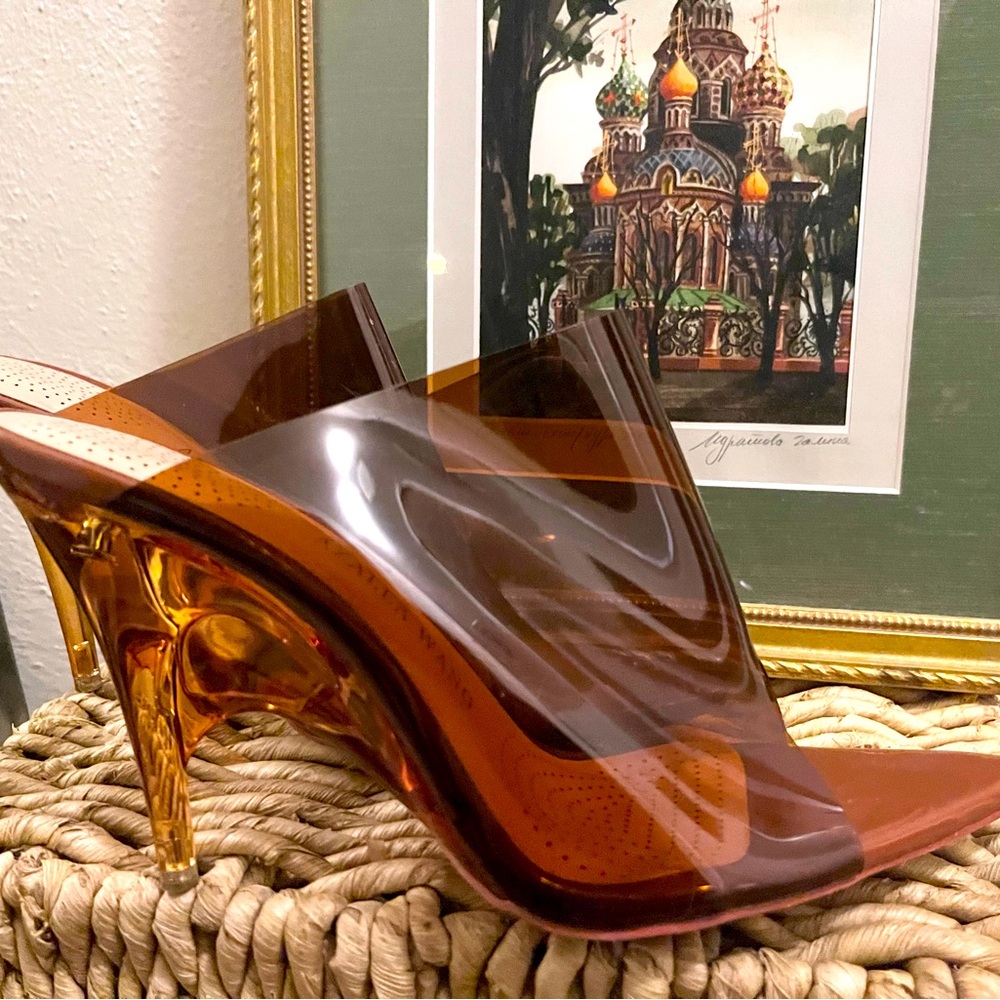 Azalea Wang- Unique PVC heel with pointed toe. Clear sandal in Caramel color.